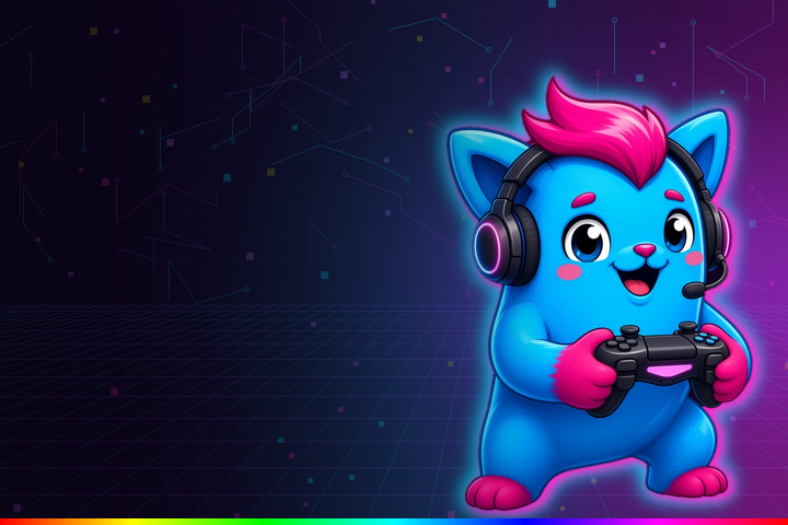 Mascota de DESCUENTOFLASH en versión gamer, con audífonos RGB y control, sobre un fondo neón